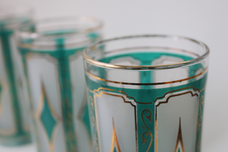 photo of MCM barware, vintage Libbey highball glasses emerald diamond teal green & gold #2