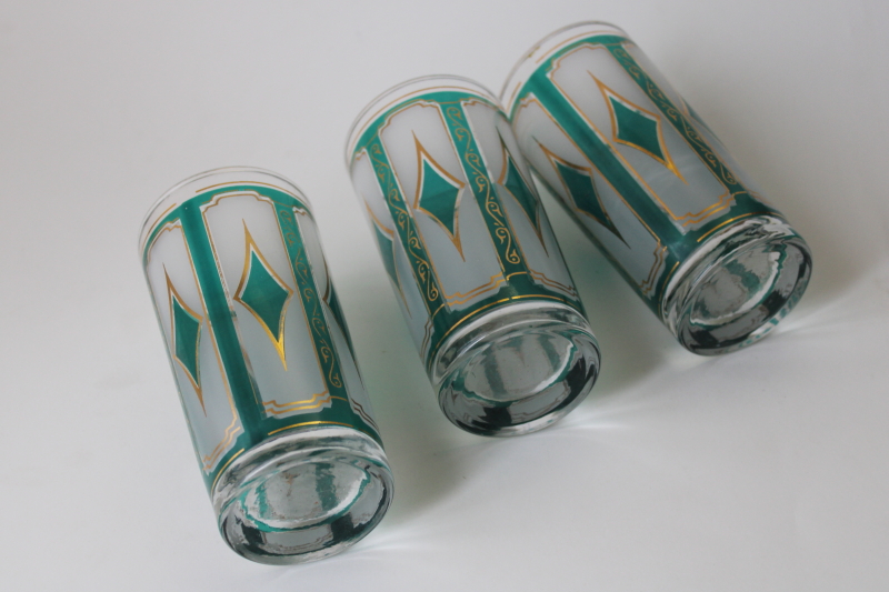 photo of MCM barware, vintage Libbey highball glasses emerald diamond teal green & gold #4