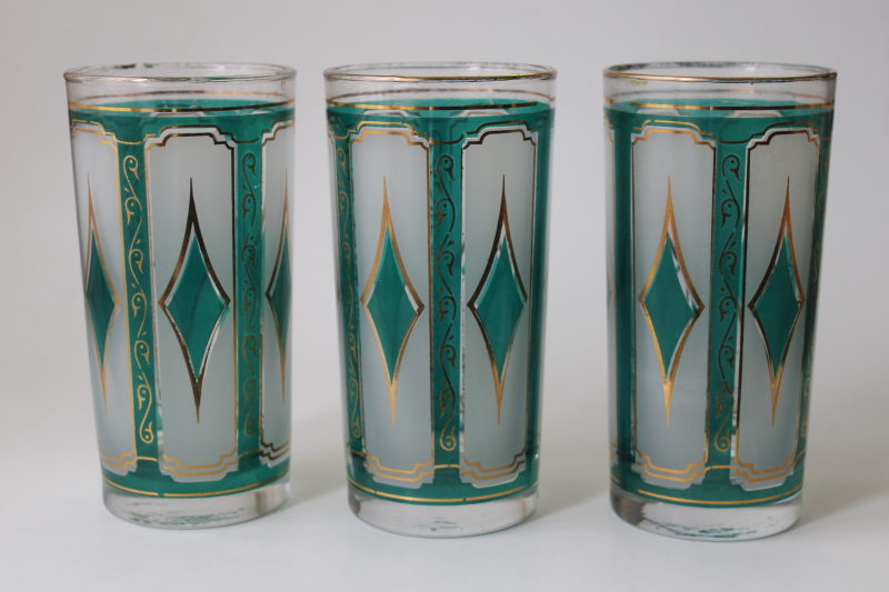 photo of MCM barware, vintage Libbey highball glasses emerald diamond teal green & gold #6