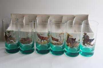 catalog photo of MCM big game animals drinking glasses, man cave retro 50s green highball tumblers 