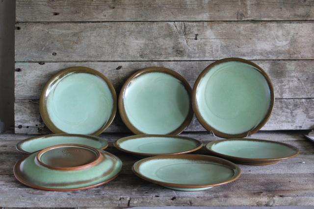 photo of MCM heavy stoneware dinner plates, Lazy Bones Frankoma pottery prairie green / brown #1