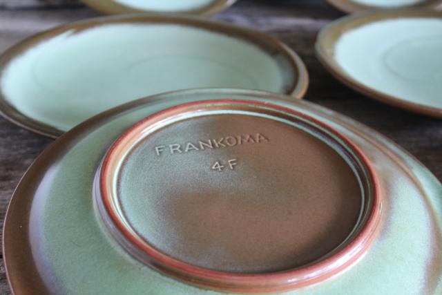 photo of MCM heavy stoneware dinner plates, Lazy Bones Frankoma pottery prairie green / brown #2