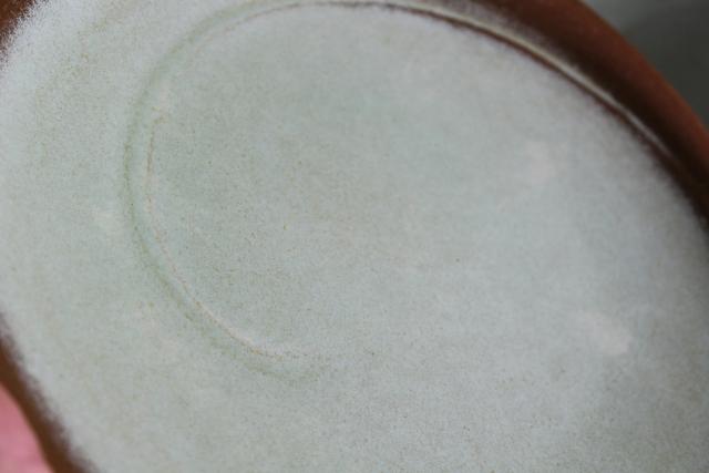 photo of MCM heavy stoneware dinner plates, Lazy Bones Frankoma pottery prairie green / brown #3