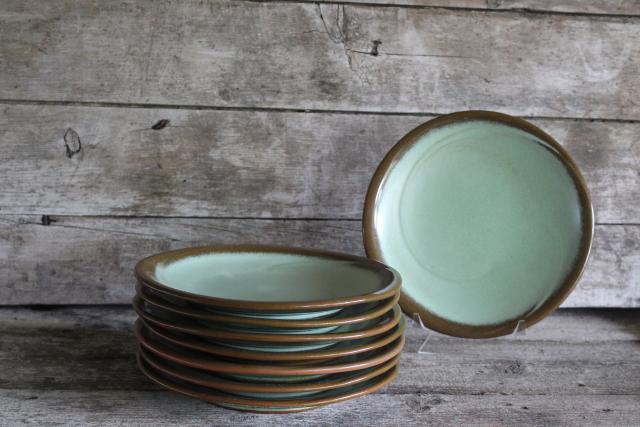 photo of MCM heavy stoneware dinner plates, Lazy Bones Frankoma pottery prairie green / brown #7