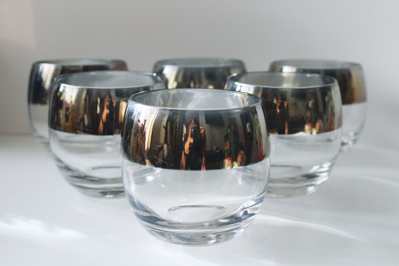 photo of MCM roly poly glasses, double old fashioneds set of 6 large round tumblers wide silver band  #1