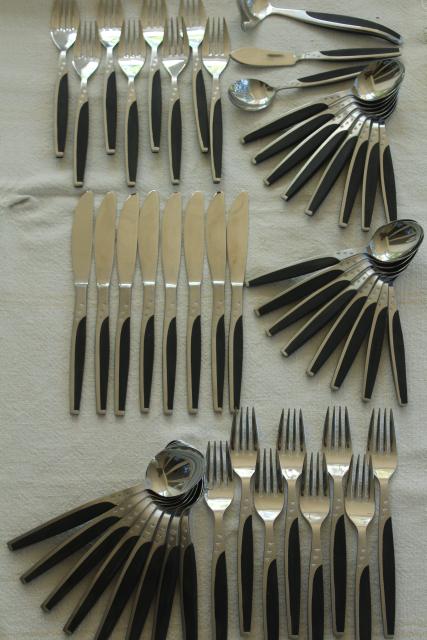 photo of MCM set for 8 vintage stainless black melamine flatware, Contessa ebonyte Japan #1