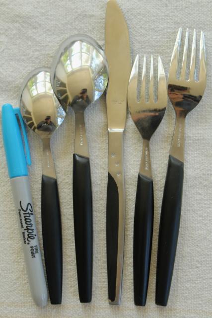 photo of MCM set for 8 vintage stainless black melamine flatware, Contessa ebonyte Japan #2