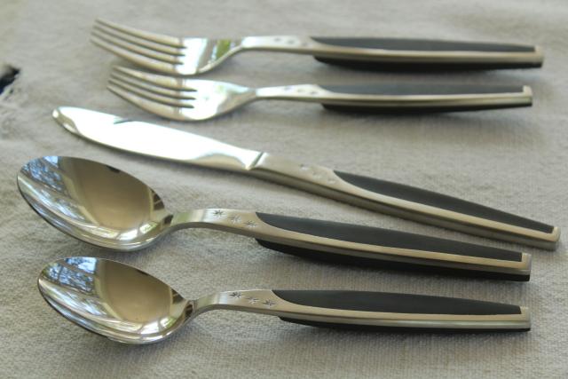 photo of MCM set for 8 vintage stainless black melamine flatware, Contessa ebonyte Japan #3