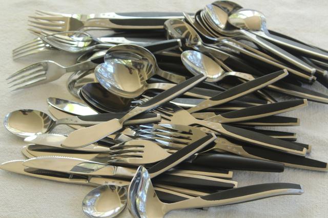 photo of MCM set for 8 vintage stainless black melamine flatware, Contessa ebonyte Japan #6