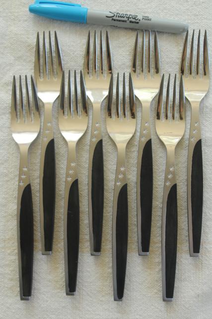 photo of MCM set for 8 vintage stainless black melamine flatware, Contessa ebonyte Japan #7