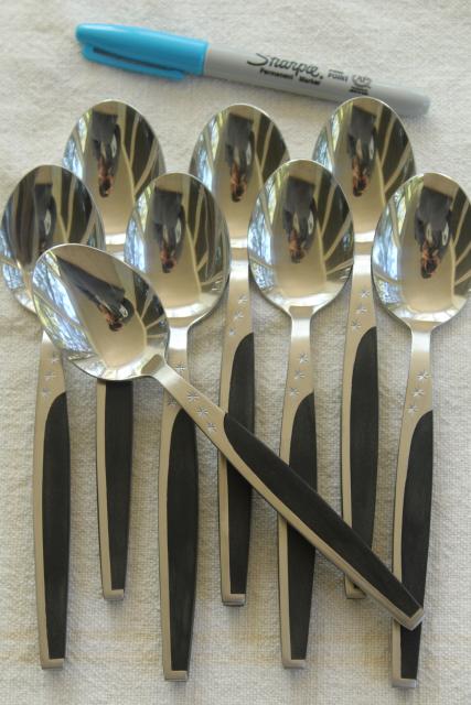 photo of MCM set for 8 vintage stainless black melamine flatware, Contessa ebonyte Japan #8