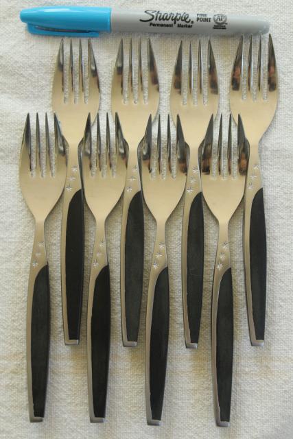 photo of MCM set for 8 vintage stainless black melamine flatware, Contessa ebonyte Japan #10