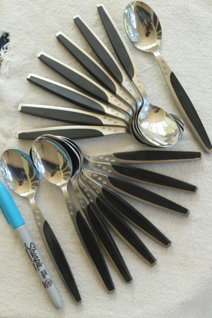 photo of MCM set for 8 vintage stainless black melamine flatware, Contessa ebonyte Japan #11