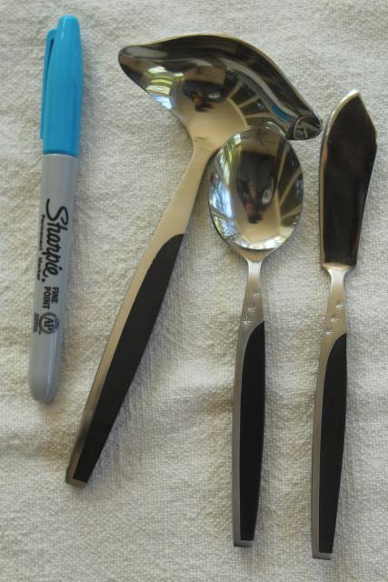 photo of MCM set for 8 vintage stainless black melamine flatware, Contessa ebonyte Japan #12