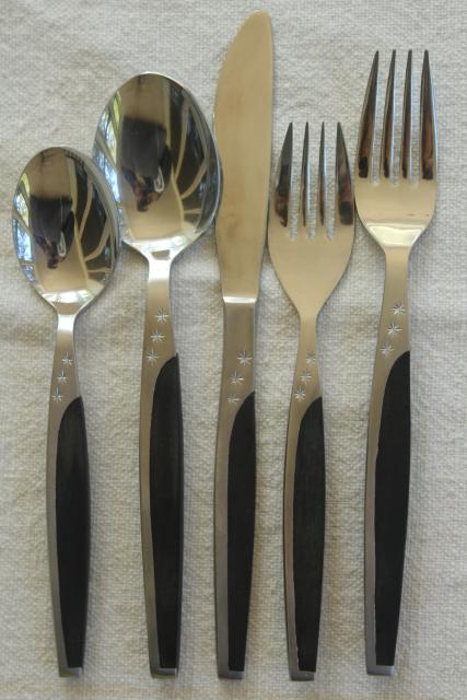 photo of MCM set for 8 vintage stainless black melamine flatware, Contessa ebonyte Japan #13