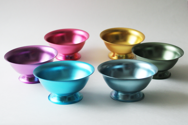 photo of MCM style modern anodized aluminum bowls set, rainbow of retro colors footed dessert dishes  #1