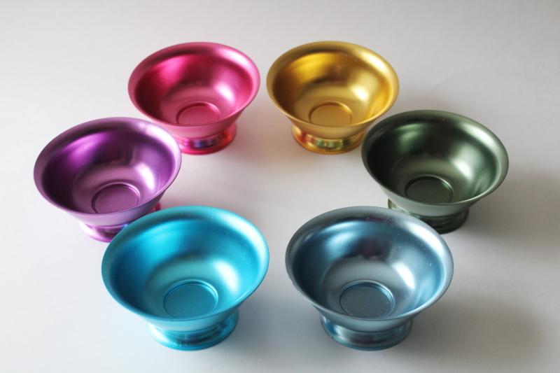 photo of MCM style modern anodized aluminum bowls set, rainbow of retro colors footed dessert dishes  #2