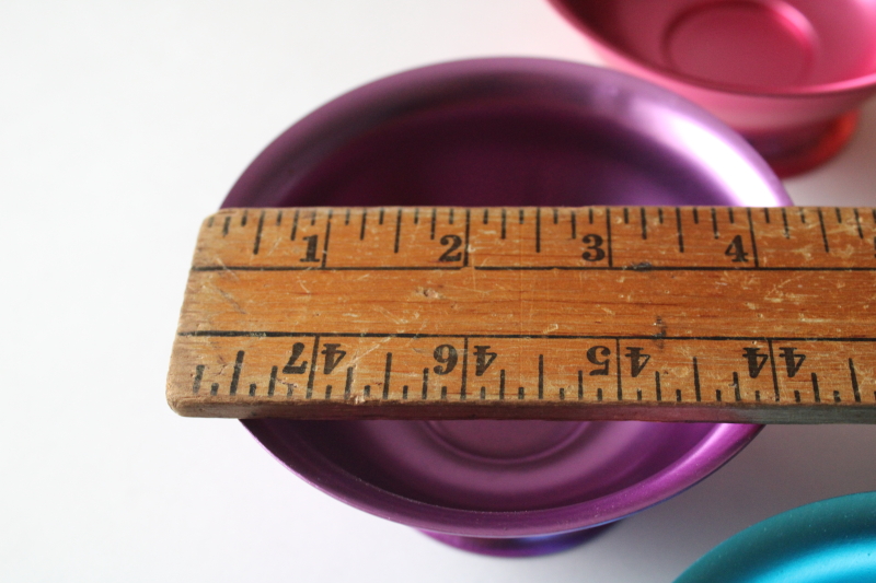 photo of MCM style modern anodized aluminum bowls set, rainbow of retro colors footed dessert dishes  #3
