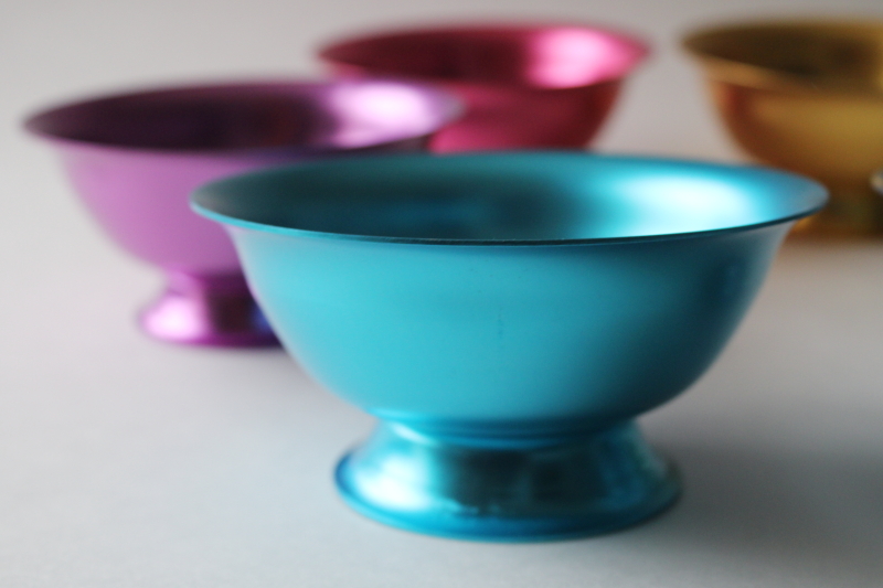 photo of MCM style modern anodized aluminum bowls set, rainbow of retro colors footed dessert dishes  #4
