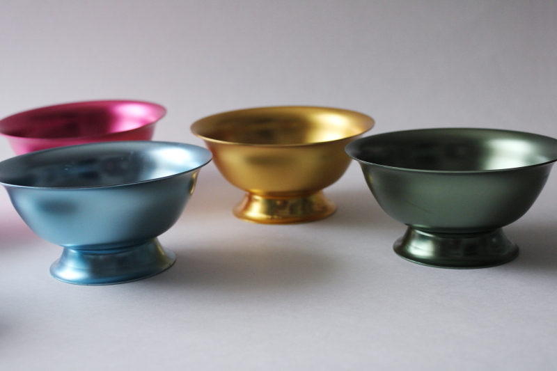 photo of MCM style modern anodized aluminum bowls set, rainbow of retro colors footed dessert dishes  #5