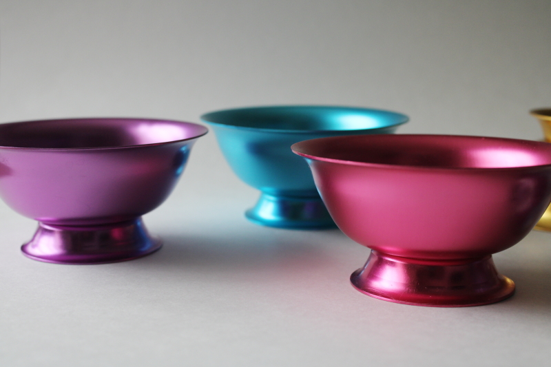 photo of MCM style modern anodized aluminum bowls set, rainbow of retro colors footed dessert dishes  #6
