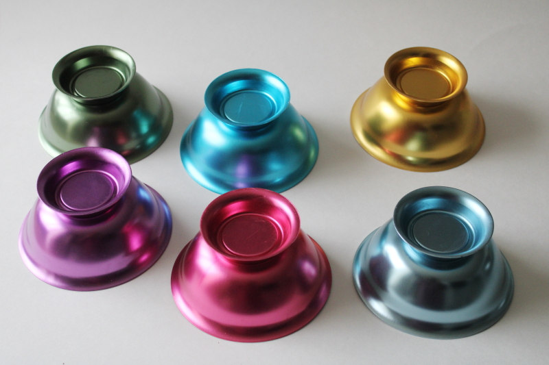 photo of MCM style modern anodized aluminum bowls set, rainbow of retro colors footed dessert dishes  #7