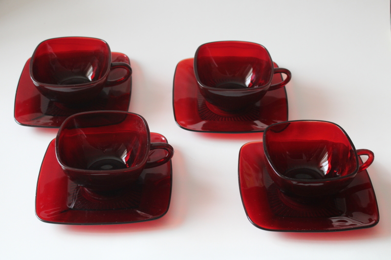 photo of MCM vintage Anchor Hocking Charm pattern cups and saucers, ruby red glass mod square shape dishes  #1