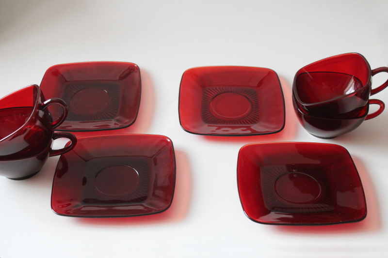photo of MCM vintage Anchor Hocking Charm pattern cups and saucers, ruby red glass mod square shape dishes #2
