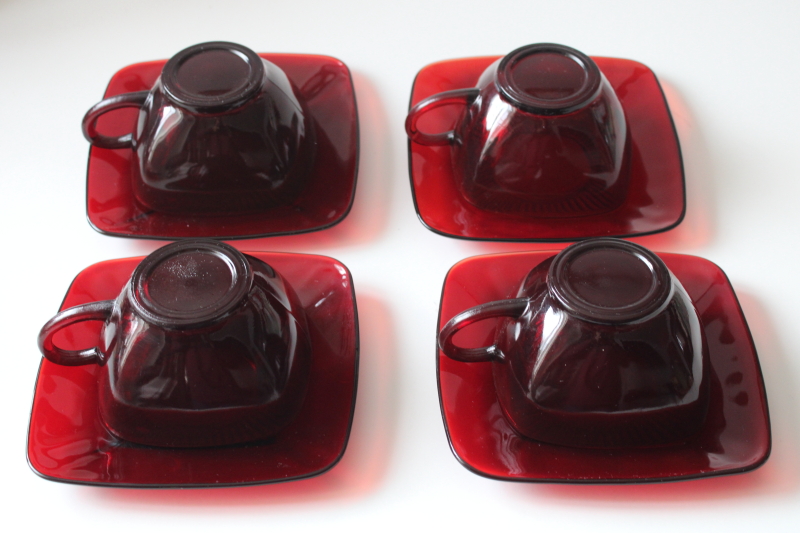 photo of MCM vintage Anchor Hocking Charm pattern cups and saucers, ruby red glass mod square shape dishes #3