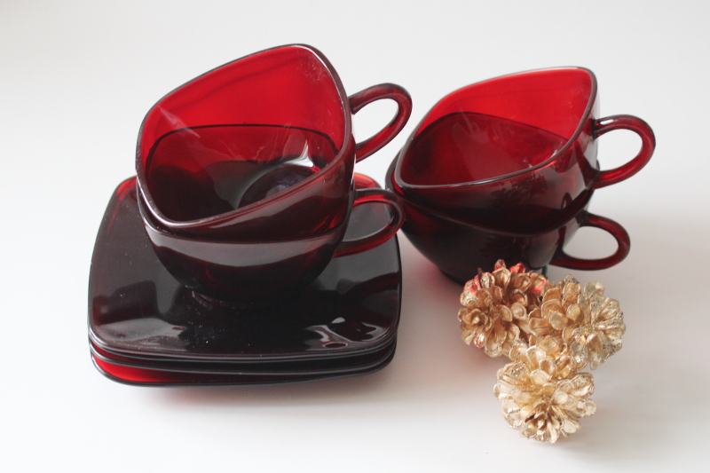 photo of MCM vintage Anchor Hocking Charm pattern cups and saucers, ruby red glass mod square shape dishes #4