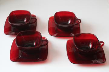 catalog photo of MCM vintage Anchor Hocking Charm pattern cups and saucers, ruby red glass mod square shape dishes 