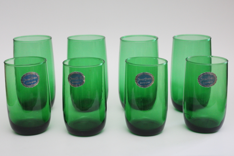 photo of MCM vintage Anchor Hocking labels forest green glass drinking glasses, roly poly tumblers #1