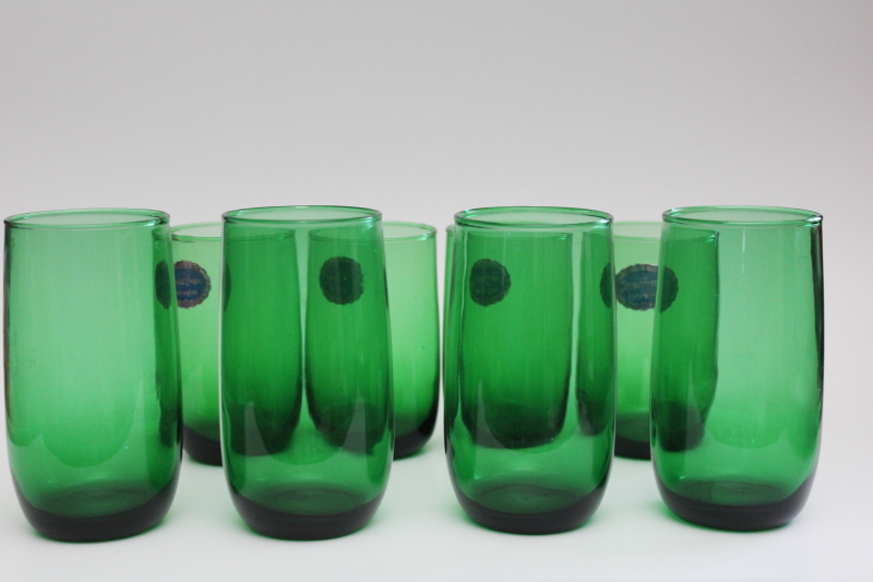 photo of MCM vintage Anchor Hocking labels forest green glass drinking glasses, roly poly tumblers #4
