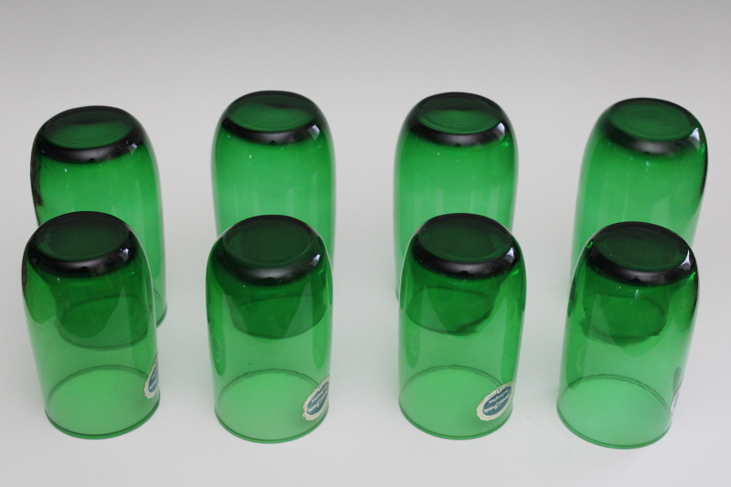 photo of MCM vintage Anchor Hocking labels forest green glass drinking glasses, roly poly tumblers #5