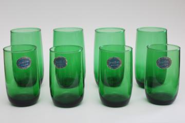 photo of MCM vintage Anchor Hocking labels forest green glass drinking glasses, roly poly tumblers