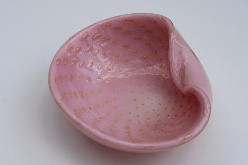 photo of MCM vintage Barbini Murano art glass, gold flecked pink glass ashtray bowl  #2