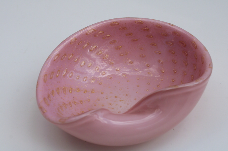 photo of MCM vintage Barbini Murano art glass, gold flecked pink glass ashtray bowl  #3