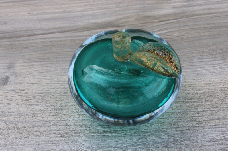 photo of MCM vintage Barbini Murano glass paperweight, aqua sommerso glass apple w/ gold #1