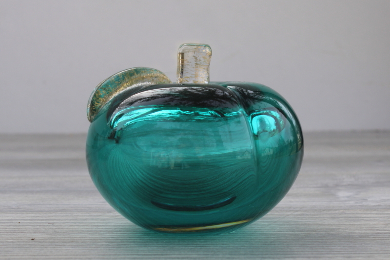 photo of MCM vintage Barbini Murano glass paperweight, aqua sommerso glass apple w/ gold #2