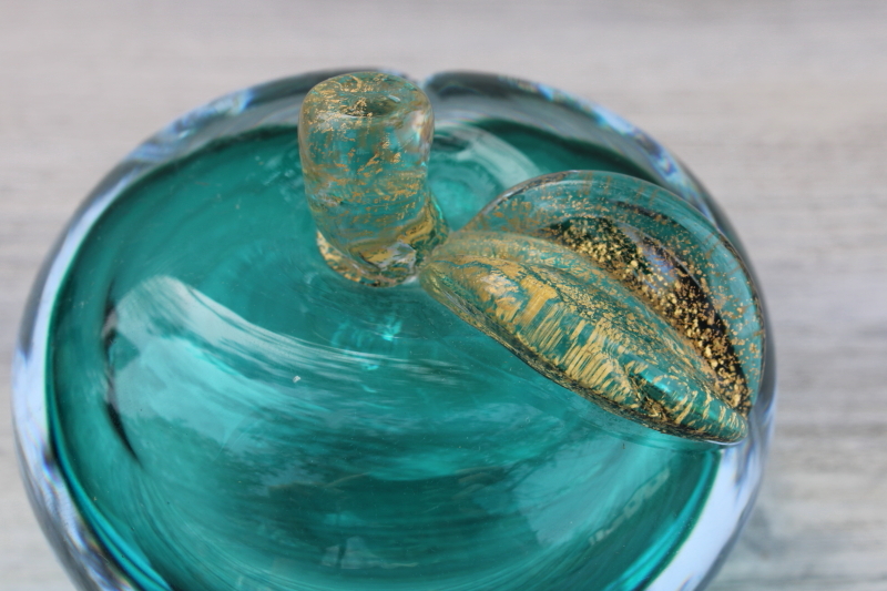 photo of MCM vintage Barbini Murano glass paperweight, aqua sommerso glass apple w/ gold #4