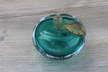 catalog photo of MCM vintage Barbini Murano glass paperweight, aqua sommerso glass apple w/ gold