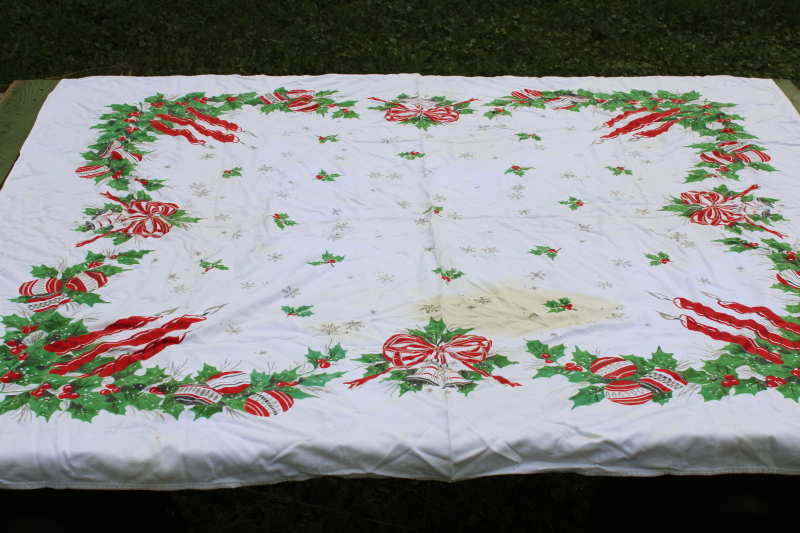 photo of MCM vintage Christmas print tablecloth, red & green holly, candles, ornaments cotton rayon  #1
