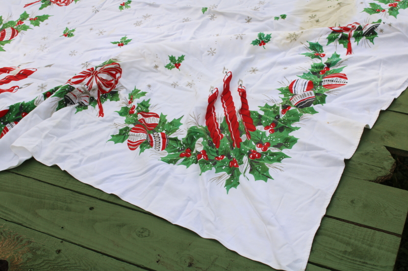 photo of MCM vintage Christmas print tablecloth, red & green holly, candles, ornaments cotton rayon  #2