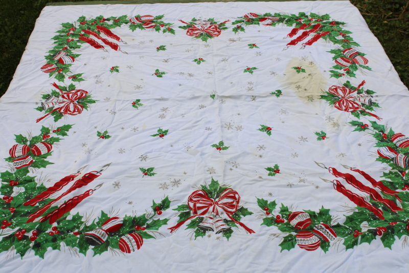 photo of MCM vintage Christmas print tablecloth, red & green holly, candles, ornaments cotton rayon  #3