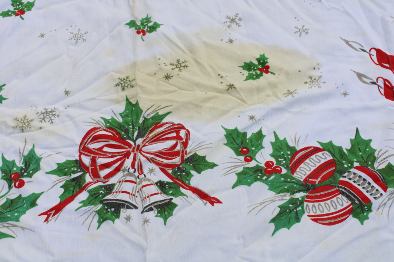 photo of MCM vintage Christmas print tablecloth, red & green holly, candles, ornaments cotton rayon  #4