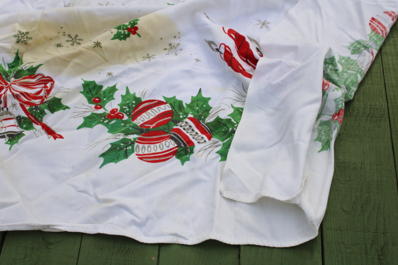 photo of MCM vintage Christmas print tablecloth, red & green holly, candles, ornaments cotton rayon  #5