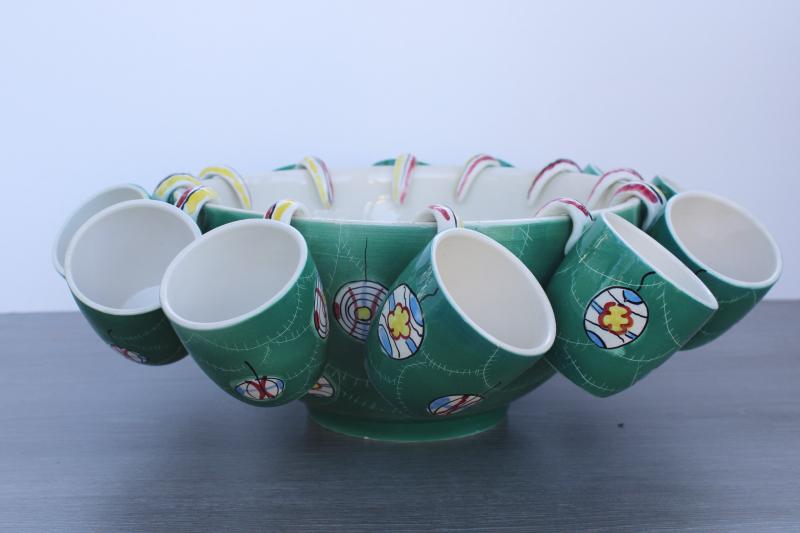 photo of MCM vintage Christmas punch set, Italian ceramic hand painted teal green ornaments #1