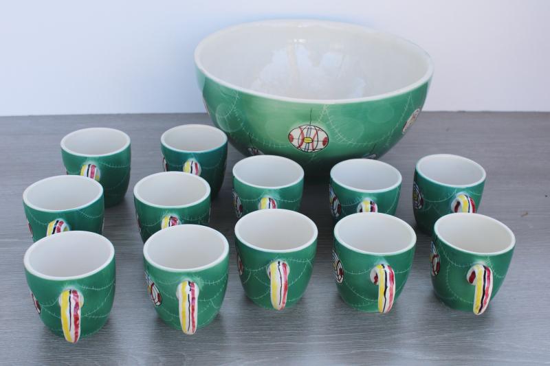 photo of MCM vintage Christmas punch set, Italian ceramic hand painted teal green ornaments #4