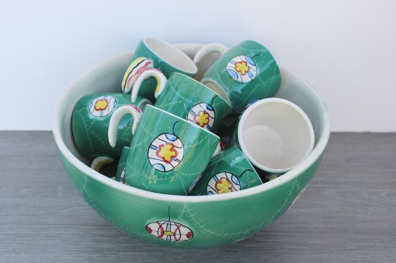 photo of MCM vintage Christmas punch set, Italian ceramic hand painted teal green ornaments #5