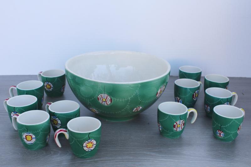 photo of MCM vintage Christmas punch set, Italian ceramic hand painted teal green ornaments #6